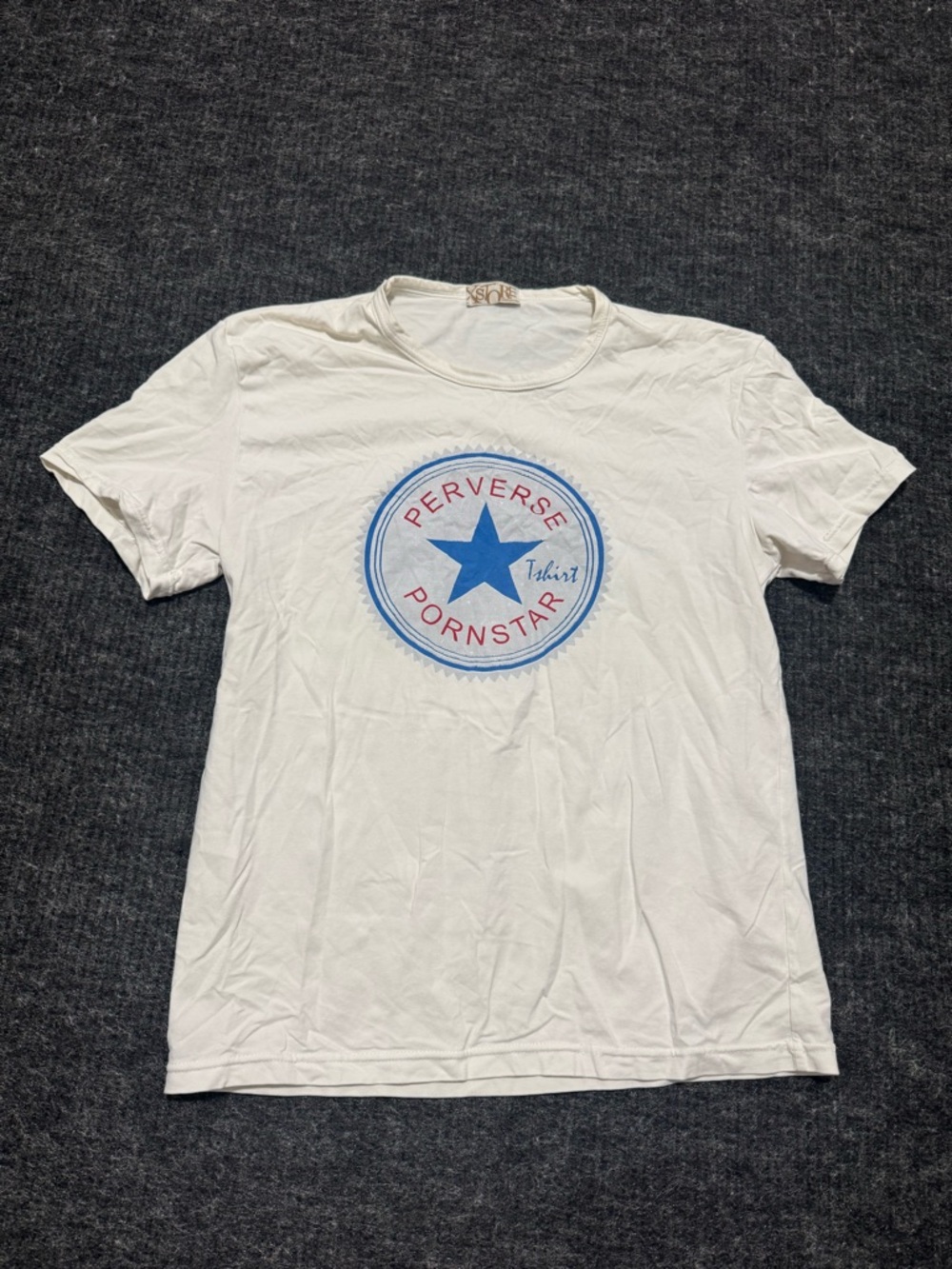 White Graphic Short Sleeve Tee with Blue Star Emblem